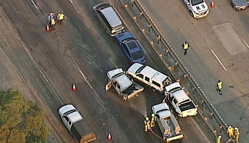 The crash scene on the M1 near Mooney Mooney on the NSW Central Coast. (9News).