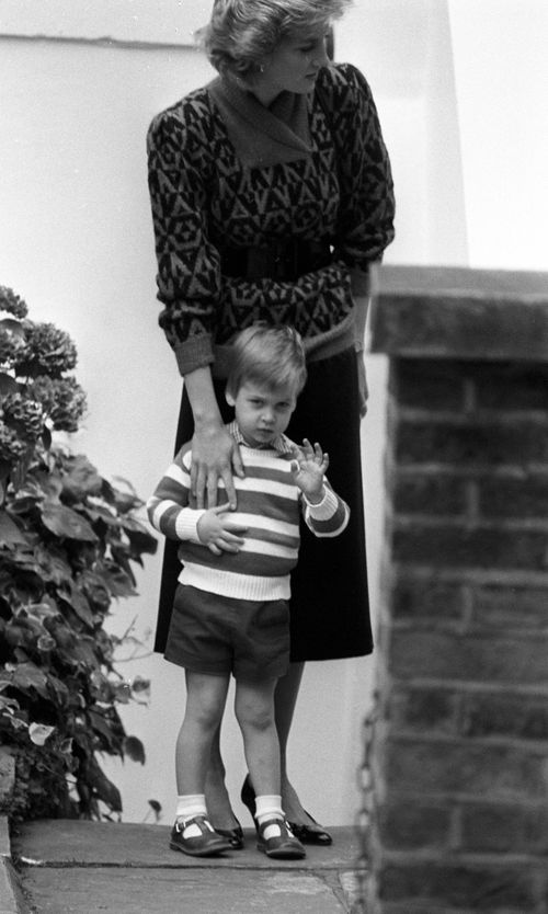 A photo from September 24, 1985, of Princess Charlotte's father William and his mother Diana on his first day of nursery school. (AAP)