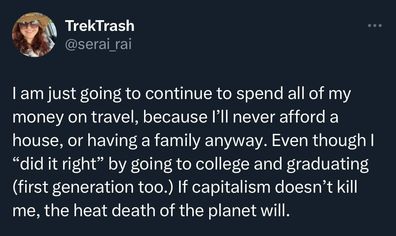 A tweet showing young people prefer to spend their money than save when they feel they will never afford a home.