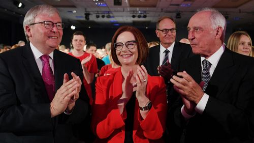 Former Prime Ministers Kevin Rudd, Julia Gillard and Paul Keating attend the election campaign launch.
