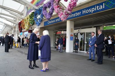 Camilla, the Queen Consort, is greeted by Colonel Jane Davis, Vice Lieutenant of Greater London as she arrives for a visit to a maternity unit at Chelsea and Westminster hospital in London Thursday, Oct. 13, 2022, to meet key domestic abuse frontline staff.