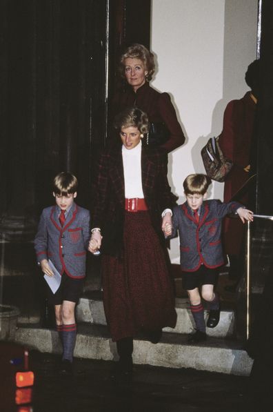 Diana, her mother and sons at St Matthew's Church in London, after the Wetherby School Christmas carol concert, December 1989. 