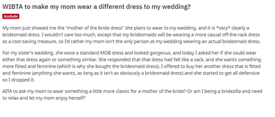 The bride has asked for advice on Reddit.