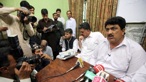 Jamil Afridi, right, brother of a Pakistani doctor Shakil Afridi speaks at a news conference in Peshawar, Pakistan in 2012. (AAP)