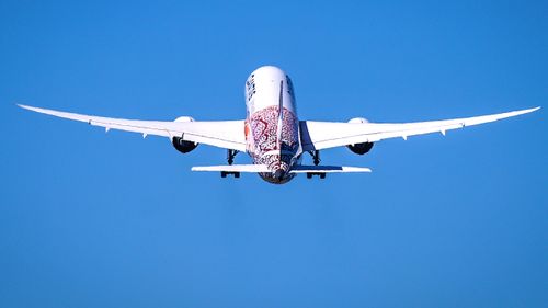 A Qantas flight takes off.