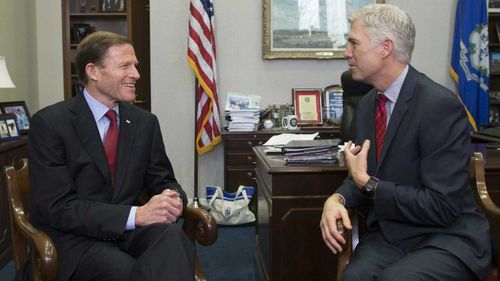 Senator Richard Blumenthal meets with Neil Gorsuch. (AP)
