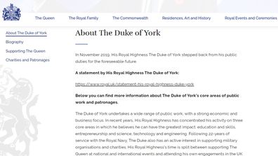 Prince Andrew's page on royal.uk