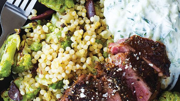 Lamb with tzatziki and roast broccoli pearl couscous