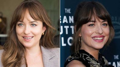 Dakota Johnson before and after getting her tooth gap closed.