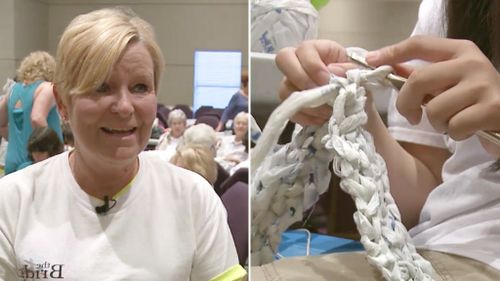 Women recycle plastic bags to knit sleeping mats for homeless