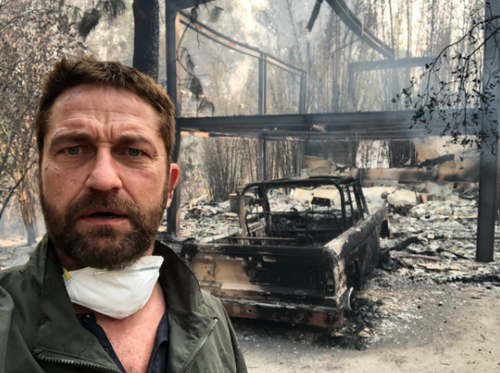 Actor Gerard Butler tweeted a picture standing out the front of his home, now a pile of ash and rubble after the fire tore through Malibu.