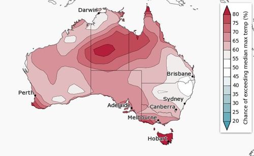 The chance of above median maximum temperature for March to May. (Bureau of Meteorology) 