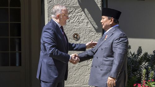 Prime Minister Anthony Albanese welcomes Indonesian President Prabowo Subianto to Kirribilli House. Wednesday 12th November 2025.