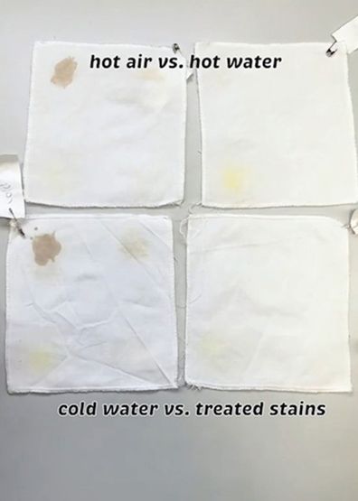 Swatches of stained fabric after being put through the dryer, hot water and cold water.