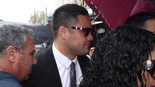 Jarryd Hayne outside Newcastle Local Court yesterday.
