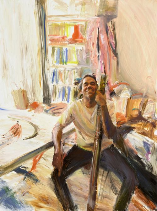 Archibald Prize ANZ People's Choice Award 2025 winner, Loribelle Spirovski Finger painting of William Barton, oil on canvas, 182.6 x 137 cm © the artist, image © Art Gallery of New South Wales, Jenni Carter   Sitter: William Barton  **These images may only be used in conjunction with editorial coverage of the Archibald, Wynne and Sulman Prizes 2025 exhibition, 10 May  17 August 2025, at the Art Gallery of New South Wales, and strictly in accordance with the terms of access to these images  see a