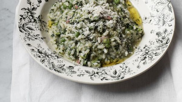 Herbed pea and pancetta risotto