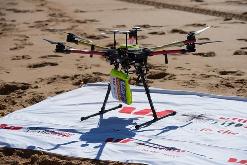 The Westpac Little Ripper UAV is a drone-based technology that carries an inflatable pod that can be deployed in rescue situations (Supplied).