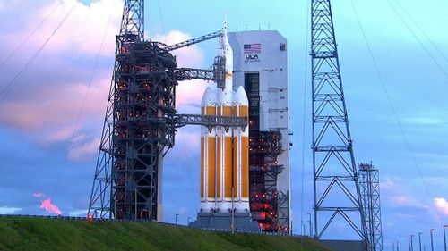 NASA's Orion capsule on top of a Delta IV rocket sits on the pad at Complex 37 B at Cape Canaveral. (AAP)