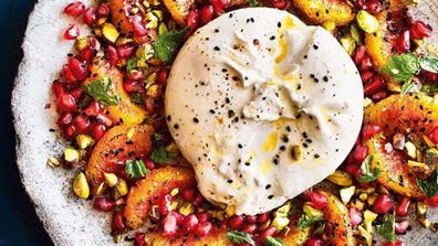 Burrata and burnt blood orange salad with pistachios, mint and pomegranate salad