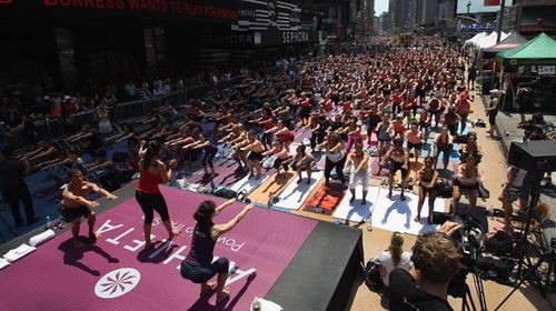 A Bikram Yoga demonstration in Times Square in New York City in 2012. (Getty)