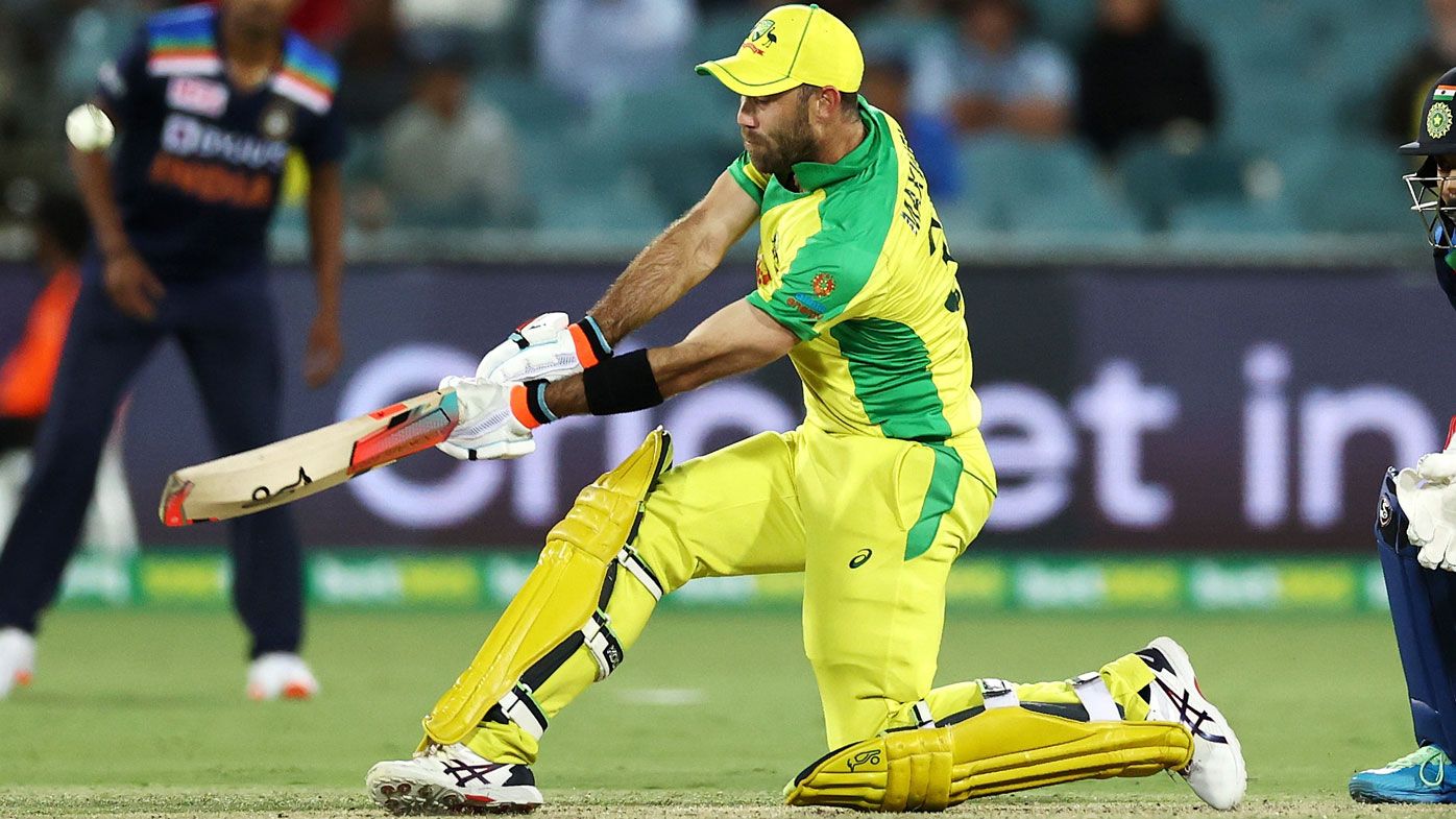 Maxwell smashes a switch-hit stunner for six. (Getty)