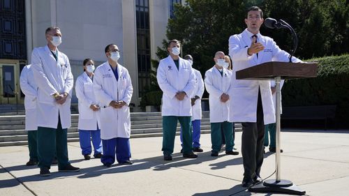 Dr. Sean Conley, physician to President Donald Trump, briefs reporters at Walter Reed National Military Medical Center in Bethesda, Md., Saturday, Oct. 3, 2020