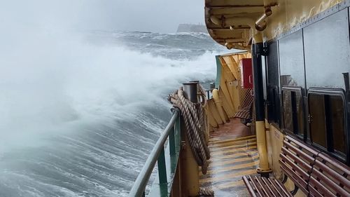 Huge swells on the Manly Ferry crossing Sydney Harbour this morning.