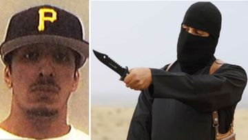 A photo of Mohammed Emwazi (left) and dressed as Jihadi John (right).