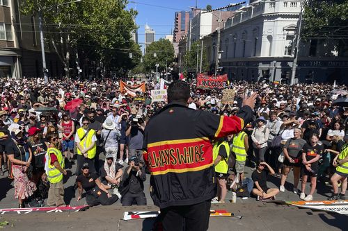A general view of the Invasion Day rally on Australia Day in the Melbourne CBD. Photo: Justin McManus

