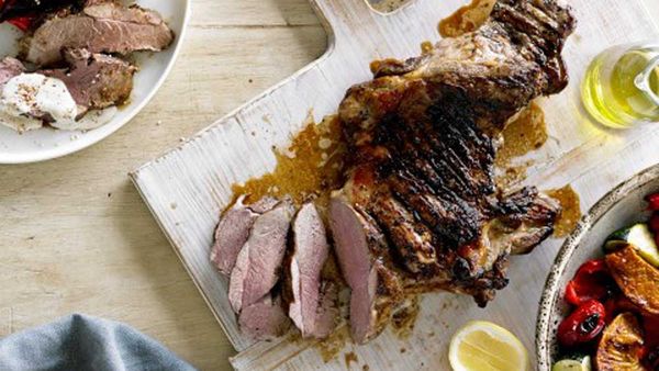 Barbecue lamb and roast vegetables