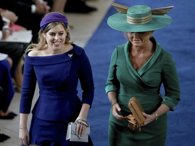 Princess Beatrice and mother Sarah Ferguson at Princess Eugenie's wedding, October 2018.