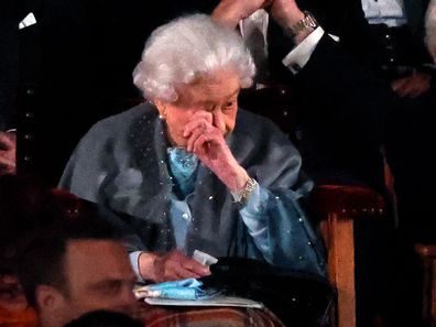 WINDSOR, UNITED KINGDOM - MAY 15: (EMBARGOED FOR PUBLICATION IN UK NEWSPAPERS UNTIL 24 HOURS AFTER CREATE DATE AND TIME) Queen Elizabeth II attends the 'A Gallop Through History' performance, part of the official celebrations for Queen Elizabeth II's Platinum Jubilee during the Royal Windsor Horse Show at Home Park, Windsor Castle on May 15, 2022 in Windsor, England. The Royal Windsor Horse Show continued the Platinum Jubilee celebrations with the 'A Gallop Through History' event. Each evening, 