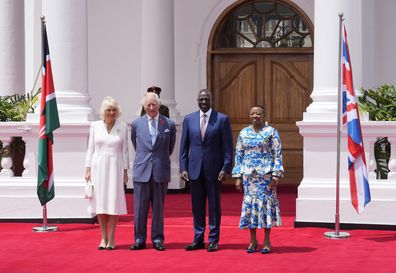King Charles III, centre, left, and Queen Camilla, left, pose for photo with Kenya's President William Ruto and First Lady Rachel Ruto ahead of their meeting, at State House in Nairobi, Kenya Tuesday, October 31, 2023.  