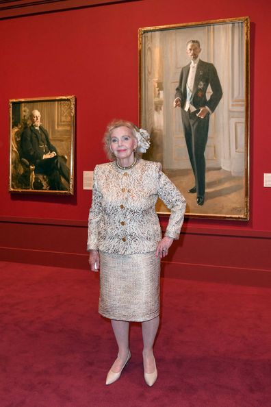 PARIS, FRANCE - SEPTEMBER 13:  Countess Marianne Bernadotte de Wisborg poses in front of the portrait of King Gustav V (1909) during the Swedish Painter Anders Zorn Exhibition at Le Petit Palais on September 13, 2017 in Paris, France.  (Photo by Luc Castel/Getty Images)