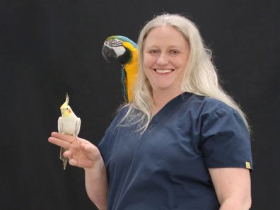 Bird trainer Mel Vincent with birds.