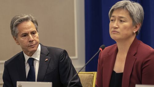 Australian Foreign Minister Penny Wong and Us Secretary of State Antony Blinken attend the Indo-Pacific Quad meeting during the 77th United Nations General Assembly on Friday, Sept. 23, 2022. (David 'Dee' Delgado/Pool Photo via AP)