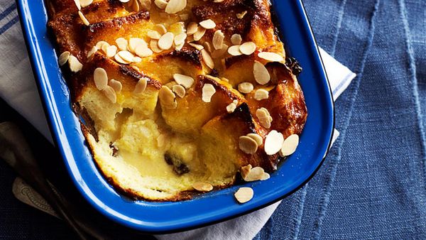 Bread and butter pudding with banana and almonds