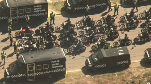 The bikies met the police at a checkpoint not far from where they gathered after arriving in Melbourne. 