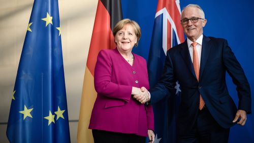 Mr Turnbull and Dr Merkel both voiced their support for a possible free trade deal between Australia and the European Union. Picture: AAP.