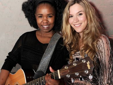Joss Stone and Zahara perform at a recording studio on April 1, 2014 in Johannesburg. 