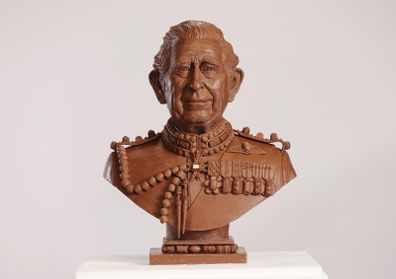 A bust of King Charles III made entirely from Celebrations chocolates is unveiled ahead of the Coronation. 