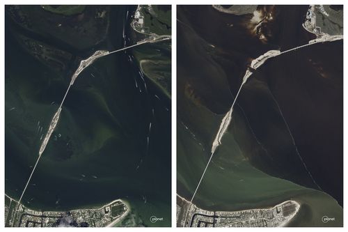 На этом составном спутниковом снимке, предоставленном Planet Labs, показана Санибел-роуд, штат Флорида, слева, сделанная 4 июля 2021 года, и повреждение моста, полученное в пятницу, 30 сентября 2022 года, после того, как ураган Ян прошел через этот район.