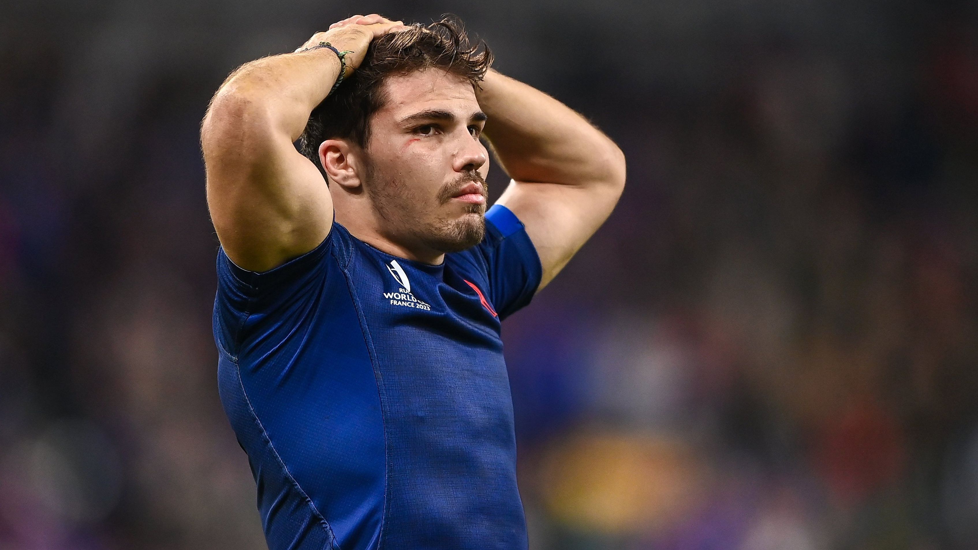 Antoine Dupont of France reacts after his side&#x27;s defeat.