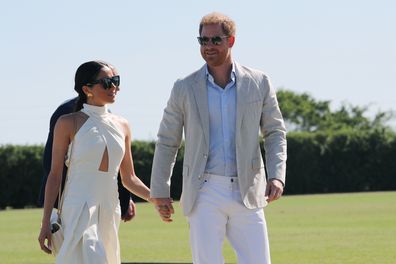 The Duke and Duchess of Sussex after arrive at the Royal Salute Polo Challenge, to benefit Sentebale, at The USPA National Polo Center in Wellington, Florida, US. Picture date: Friday April 12, 2024. (Photo by Yaroslav Sabitov/PA Images via Getty Images)