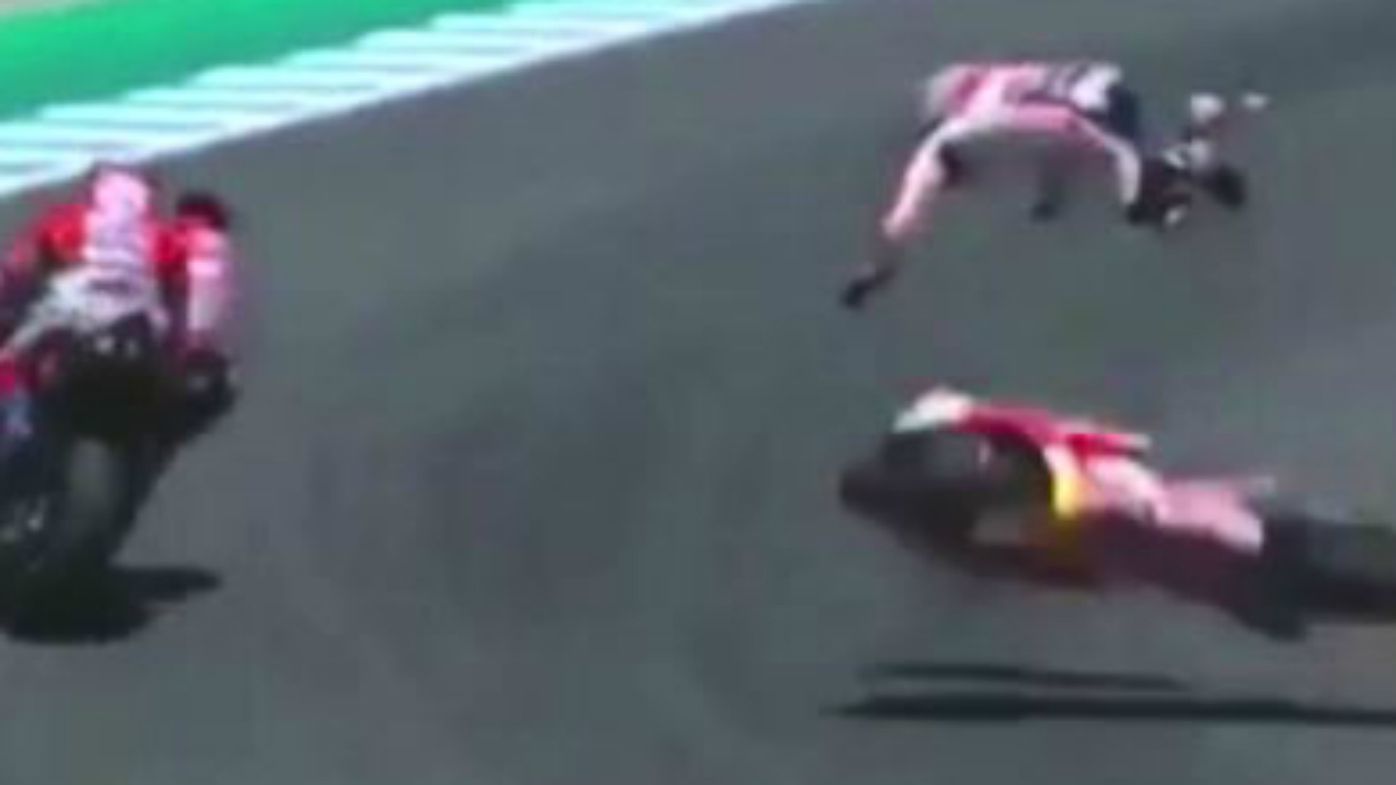 Marc Marquez wins in Spain to take MotoGP lead after spectacular three-bike crash