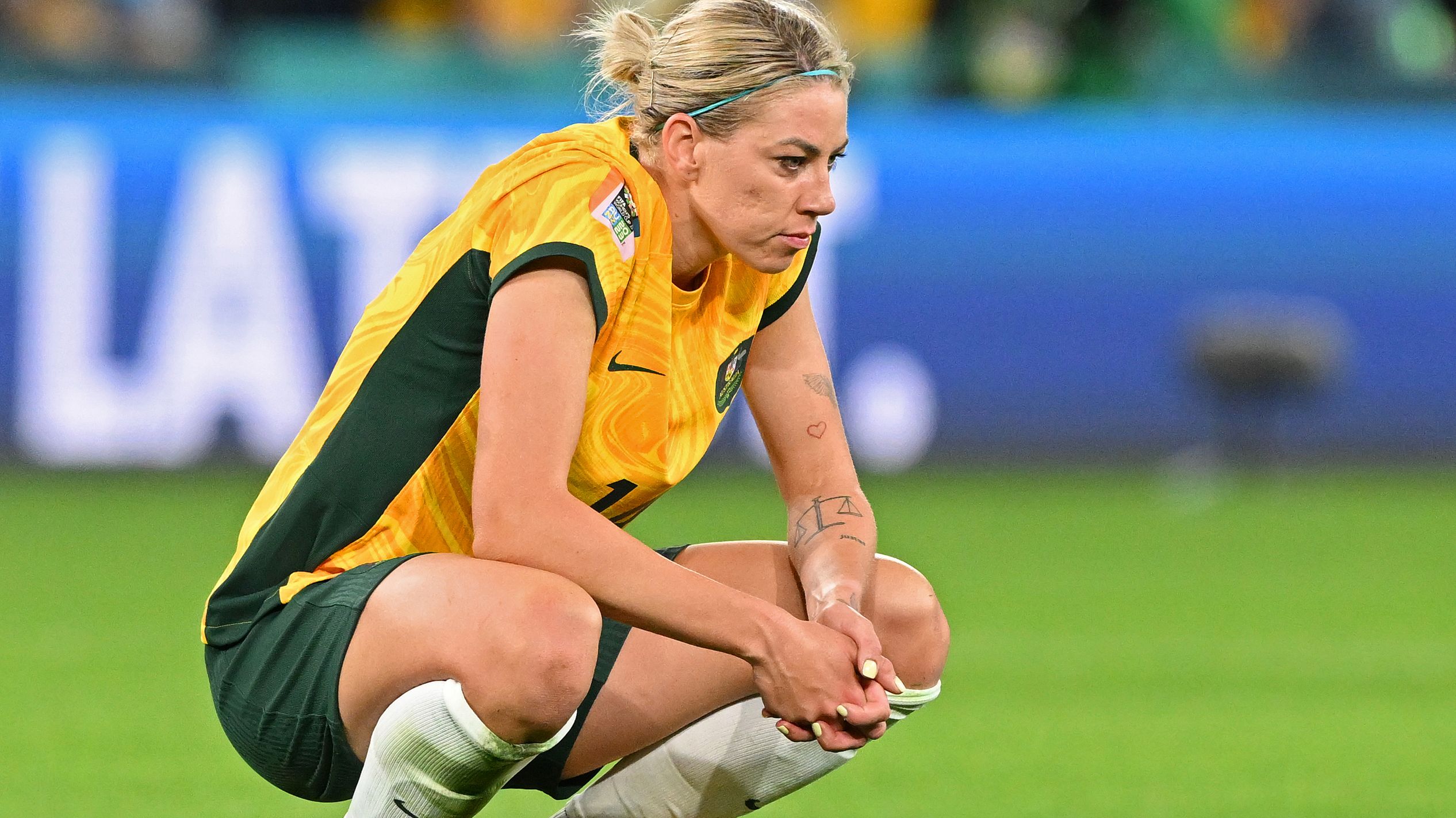 BRISBANE, AUSTRALIA - JULY 27: Alanna Kennedy of Australia shows dejection after her team&#x27;s 2-3 defeat in the FIFA Women&#x27;s World Cup Australia &amp; New Zealand 2023 Group B match between Australia and Nigeria at Brisbane Stadium on July 27, 2023 in Brisbane, Australia. (Photo by Bradley Kanaris/Getty Images)