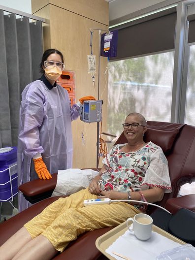 Fiona May in hospital during her chemotherapy.