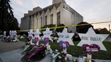 A makeshift memorial stands outside the Tree of Life Synagogue in the aftermath of a deadly shooting in Pittsburgh, Oct. 29, 2018