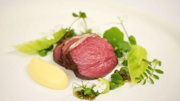 Slow cooked lamb rump, pea and mint salad, potato cream, pepper jus, mint jelly